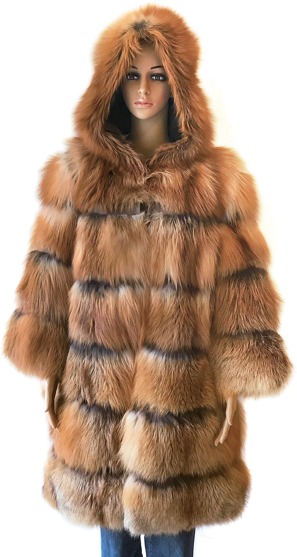 Winter Fur Ladies Red Genuine Fox 3/4 Coat With Hood W73Q02RF.